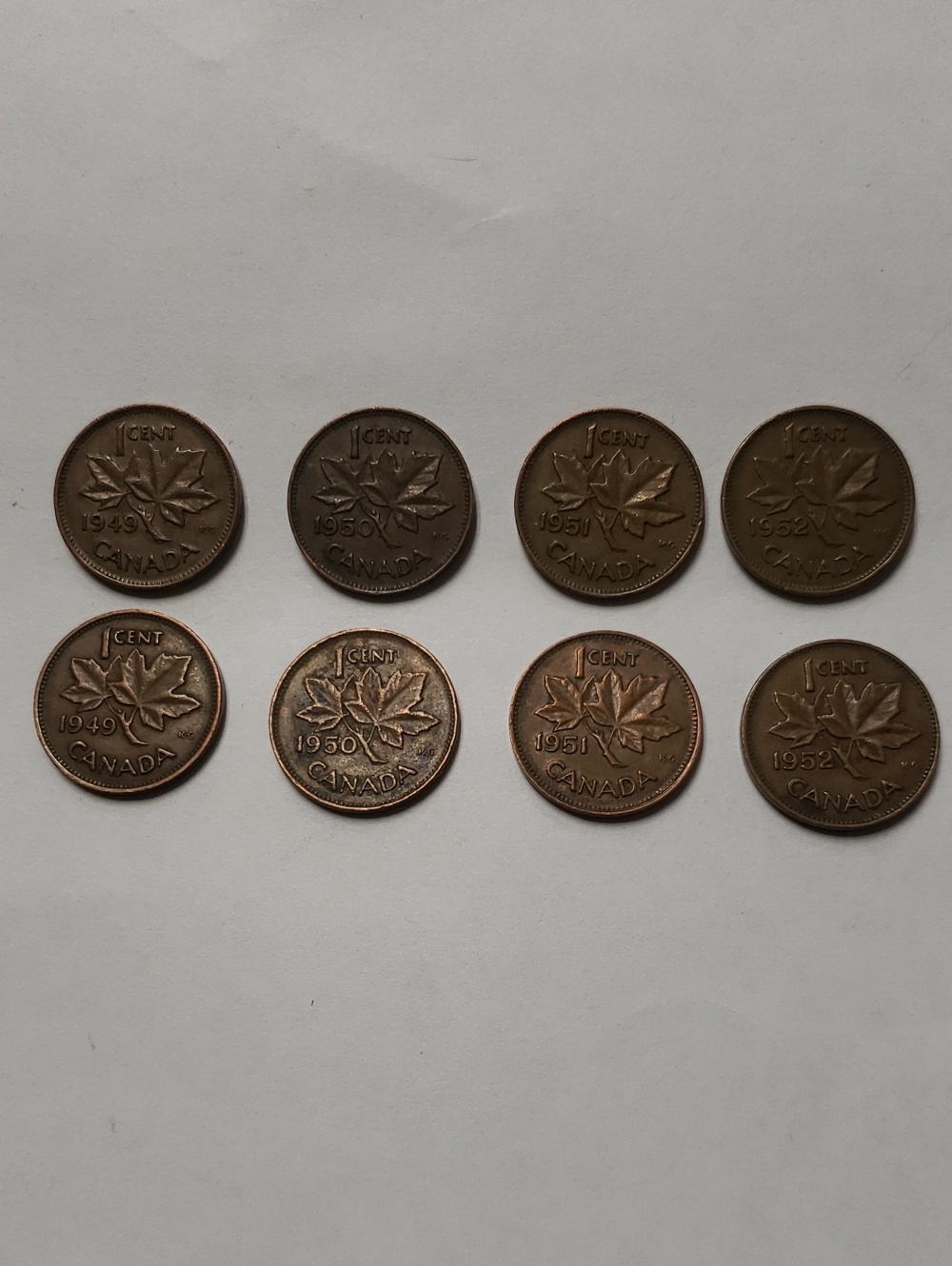 1949-1952 Vintage Canadian One Cent Coins - Maple Leaf Design (Brown)